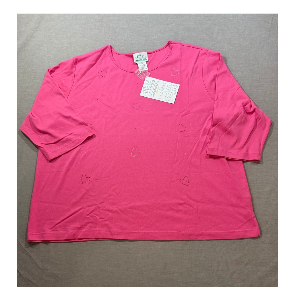 The‎ Quacker Factory Womens 3X Pink Cotton Heart Rhinestone 3/4 Sleeve Top
